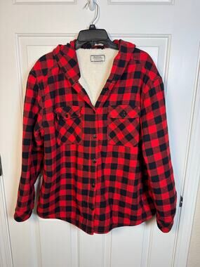 Boston Traders Women's Sherpa Lined Hooded Flannel Shirt Jacket Red Plaid XXL